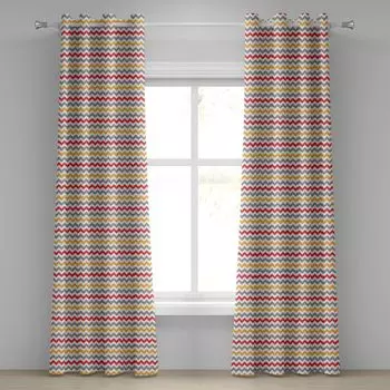 Угловая занавеска с люверсами ABAKUHAUS, зигзагообразный узор в стиле ретро, контрастные цвета, креативные волнистые, декоративные 2-панельные оконные шторы, 280 см x 260 см, серо-красный бархатцы, серый