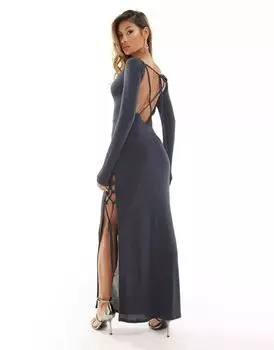 Угольно-серое приталенное платье макси с длинными рукавами ASOS, овальным вырезом и шнуровкой по бокам