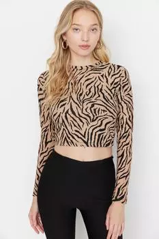 Укороченная эластичная трикотажная блузка с разноцветным узором и круглым вырезом Trendyol, разноцветный