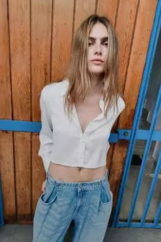 Укороченная атласная рубашка ZARA, белый