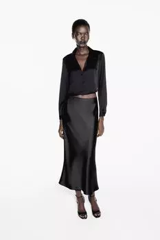 Укороченная атласная рубашка ZARA, черный