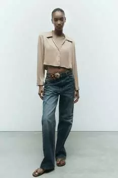 Укороченная атласная рубашка ZARA, песочный