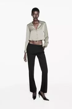Укороченная атласная рубашка ZARA, светлый хаки