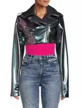 Укороченная байкерская куртка из искусственной кожи цвета металлик Laquan Smith, цвет Iridescent