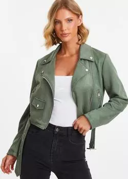 Укороченная байкерская куртка из искусственной замши Quiz, зеленый