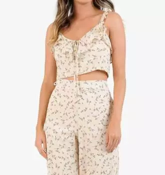 Укороченная блузка Boho Crop Ruffle Strap Floral Print Blossom In Brown LUCCA