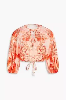 Укороченная блузка из льна и газа с принтом ZIMMERMANN, оранжевый