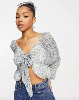 Укороченная блузка из синего шифона с завязкой спереди Miss Selfridge