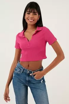 Укороченная блузка-поло Slim Fit с V-образным вырезом 5865035 Lela, фуксия