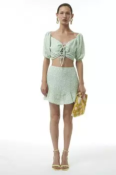 Укороченная блузка с объемными рукавами с узором Мятная QUZU