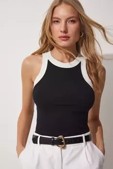 Укороченная блузка с воротником халтер и контрастными полосками Happiness stanbul, черный