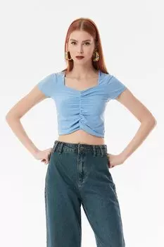 Укороченная блузка со сборками спереди и вырезом сердечком Fullamoda, синий