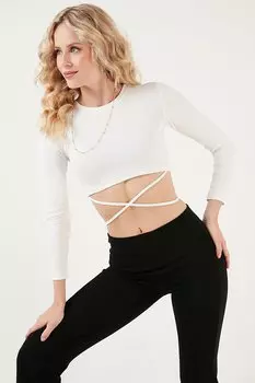 Укороченная блузка узкого кроя с завязками на талии и круглым вырезом 5865402 Lela, белый