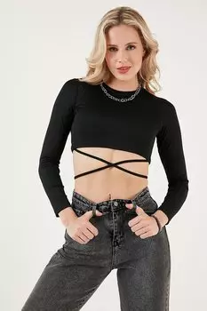 Укороченная блузка узкого кроя с завязками на талии и круглым вырезом 5865402 Lela, черный