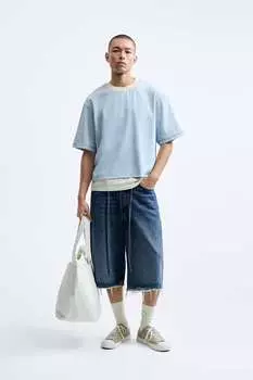 Укороченная джинсовая футболка ZARA, синий