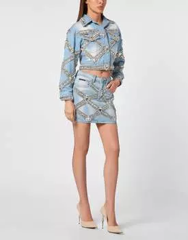 Укороченная джинсовая куртка большого размера Броши PHILIPP PLEIN, цвет ice cube