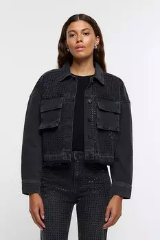 Укороченная джинсовая куртка с декором River Island, черный