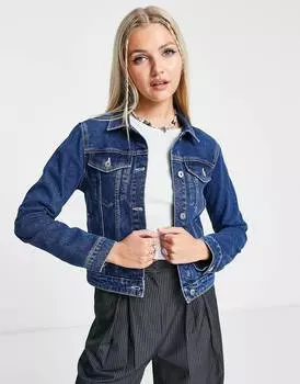 Укороченная джинсовая куртка синего цвета с контрастной отстрочкой COLLUSION