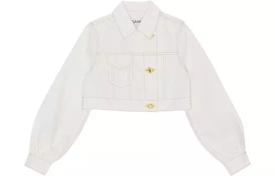 Укороченная джинсовая куртка со смещенной застежкой на пуговицы GANNI, белый