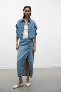 Укороченная джинсовая рубашка оверсайз z1975 ZARA, средне-синий