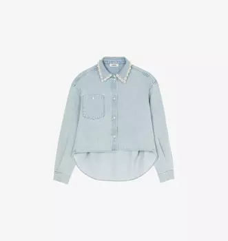 Укороченная джинсовая рубашка с воротником-стойкой из бисера Sandro, синий