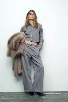 Укороченная джинсовая рубашка ZARA, серый