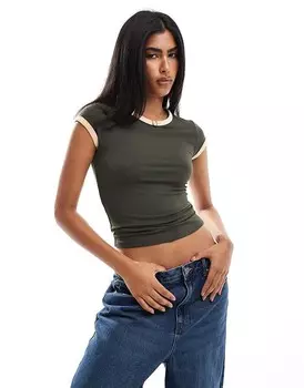 Укороченная футболка цвета хаки с контрастной окантовкой ASOS DESIGN
