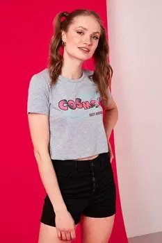 Укороченная футболка из 100 % хлопка с круглым вырезом с принтом 6001011 Lela, серый