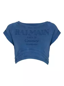 Укороченная футболка из хлопка Balmain, синий