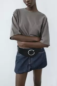 Укороченная футболка из хлопка с лубным вязанием ZARA, антрацитово-серый
