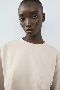 Укороченная футболка из хлопка с лубным вязанием ZARA, камень