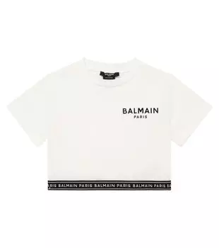 Укороченная футболка из хлопкового джерси с логотипом Balmain, белый
