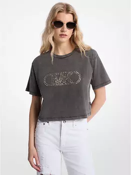 Укороченная футболка из крашеного в готовом виде хлопка с заклепками Michael Kors, черный