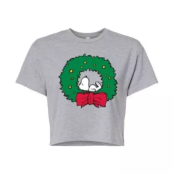 Укороченная футболка Juniors' Peanuts Snoopy с венком Licensed Character, цвет Heather Gray