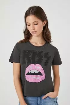 Укороченная футболка KISS с графическим рисунком Forever 21, угольный
