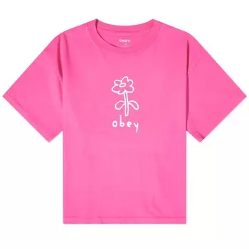 Укороченная футболка Obey с мультяшным цветком и тяжелым принтом, фуксия
