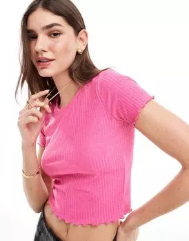 Укороченная футболка ONLY ярко-розового цвета с фестончатыми краями
