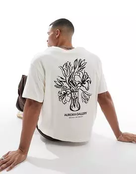 Укороченная футболка оверсайз с цветочным принтом на спине белого цвета Jack & Jones