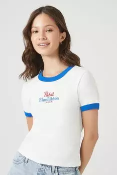 Укороченная футболка Pabst Ringer с вышивкой Forever 21, белый