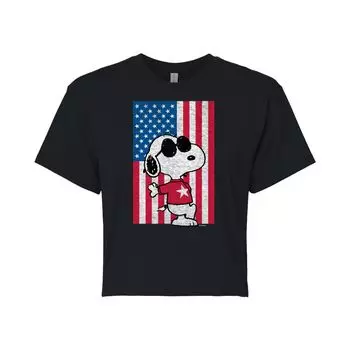 Укороченная футболка с изображением флага Juniors' Peanuts Joe Cool Licensed Character, черный