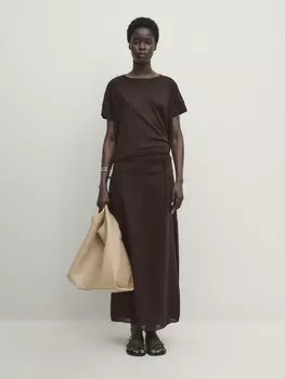 Укороченная футболка с коротким рукавом из 100% льна Massimo Dutti, коричневый