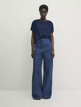 Укороченная футболка с коротким рукавом из 100% льна Massimo Dutti, синий