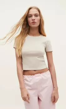 Укороченная футболка с коротким рукавом Stradivarius, цвет камня