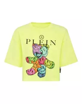 Укороченная футболка с круглым вырезом и надписью «Улыбка» PHILIPP PLEIN, цвет yellow fluo