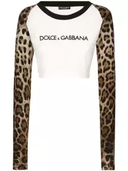 Укороченная футболка с леопардовым принтом DOLCE & GABBANA, белый