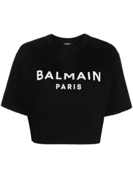 Укороченная футболка с логотипом BALMAIN, черный