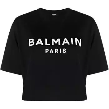 Укороченная футболка с логотипом BALMAIN, черный