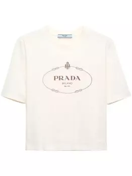 Укороченная футболка с логотипом Prada, бежевый