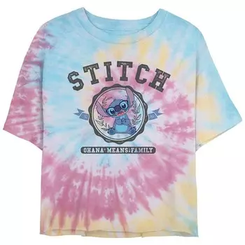 Укороченная футболка с рисунком Disney's Lilo & Stitch Collegiate Stitch Junior, цвет Blue Pink Light Yellow