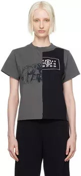 Укороченная футболка с серо-черными вставками MM6 Maison Margiela